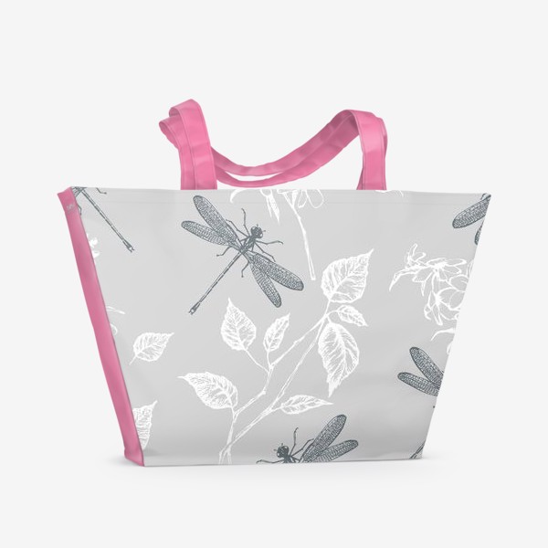 Пляжная сумка &laquo;Стрекозы и растения на сером фоне&raquo;