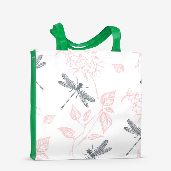 Сумка-шоппер «Стрекозы и растения на белом фоне»