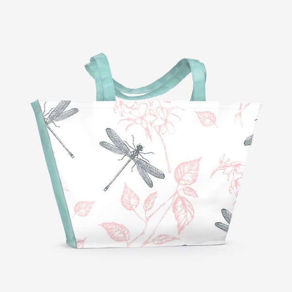 Пляжная сумка &laquo;Стрекозы и растения на белом фоне&raquo;
