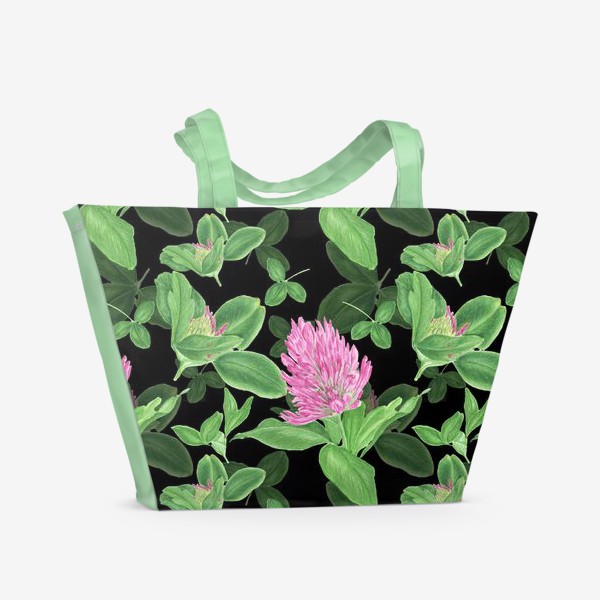 Пляжная сумка «Цветы и листья клевера на черном фоне»