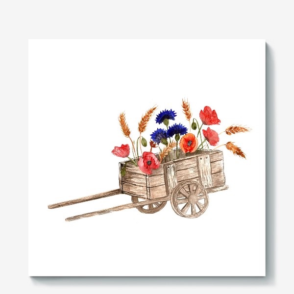 Холст «Акварельные полевые цветы в тележке. Рустик»