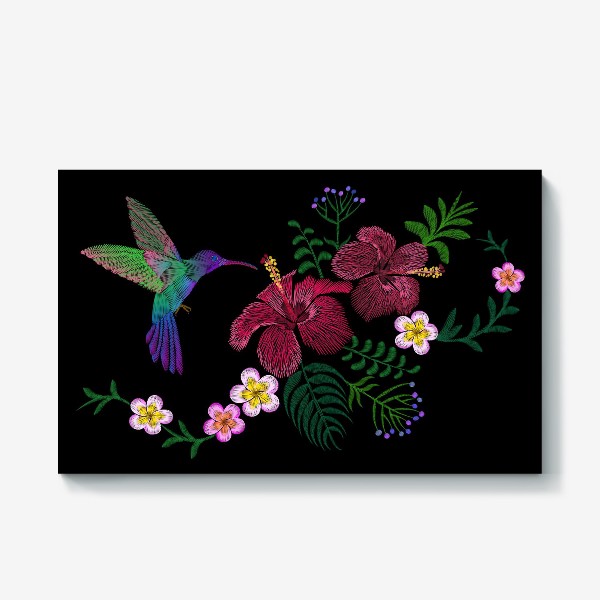 Холст &laquo;Тропическая Гавайская вышивка, цветы гибискуса, плюмерия, листья пальмы и колибри&raquo;