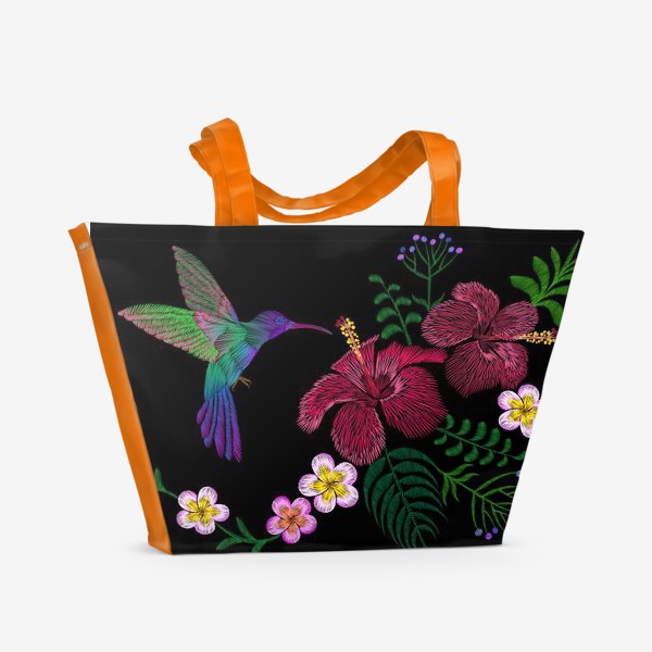 Пляжная сумка &laquo;Тропическая Гавайская вышивка, цветы гибискуса, плюмерия, листья пальмы и колибри&raquo;
