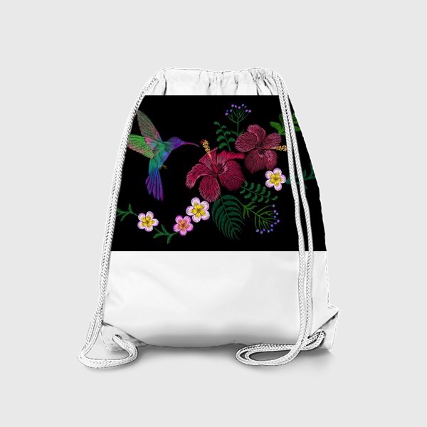 Рюкзак «Тропическая Гавайская вышивка, цветы гибискуса, плюмерия, листья пальмы и колибри»