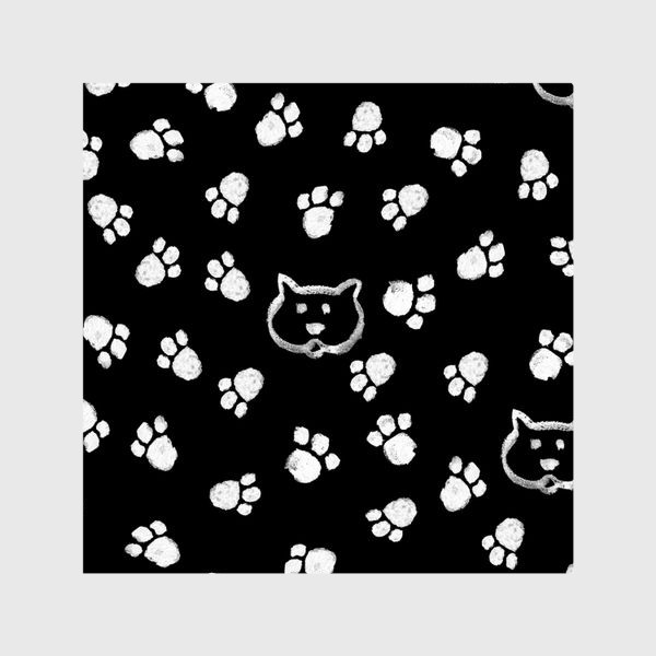 Шторы «Кошачьи лапки и мордочки на черном фоне»