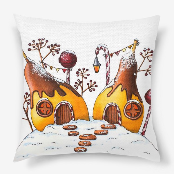 Подушка «Зима в сладкой стране. Домики-груши.»