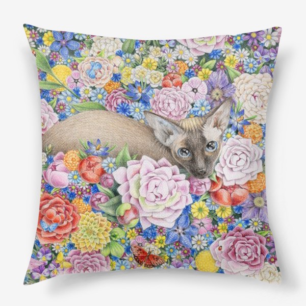 Подушка «Кошка в цветах, сфинкс (кот, сфинкс, цветы, бабочки)»