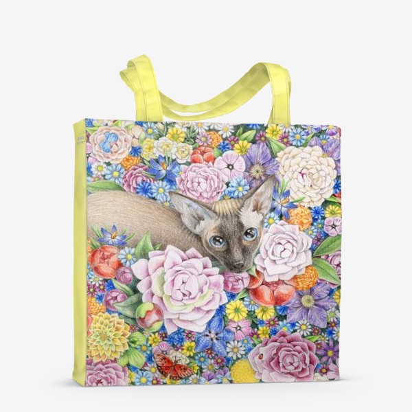Сумка-шоппер «Кошка в цветах, сфинкс (кот, сфинкс, цветы, бабочки)»