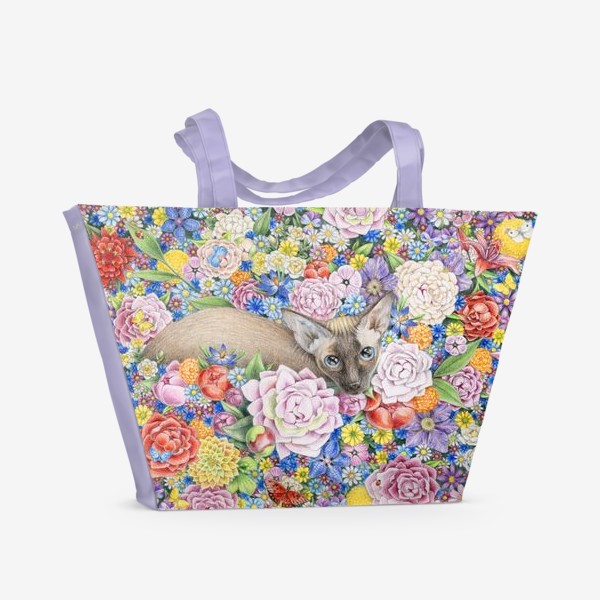 Пляжная сумка «Кошка в цветах, сфинкс (кот, сфинкс, цветы, бабочки)»