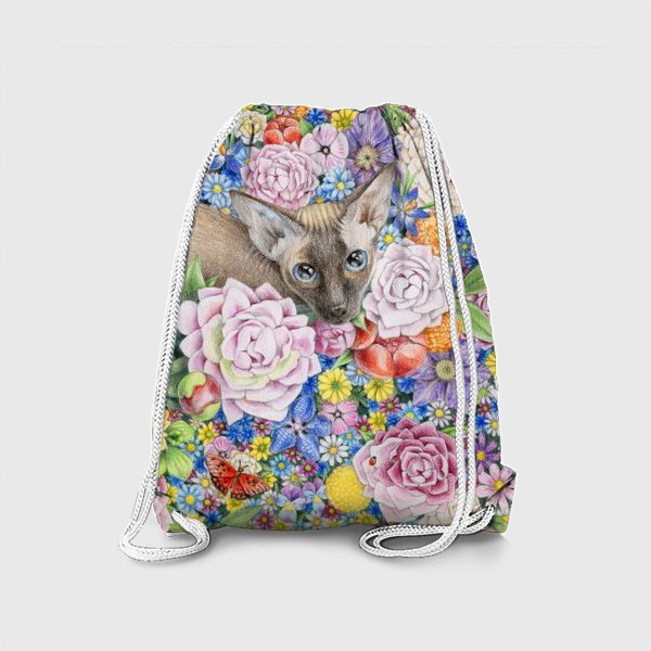 Рюкзак «Кошка в цветах, сфинкс (кот, сфинкс, цветы, бабочки)»