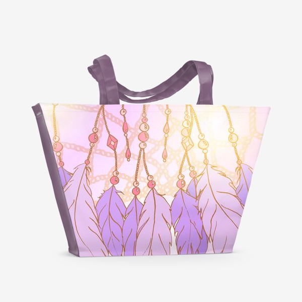 Пляжная сумка «Закатный сиреневый ловец снов с перьями и бусинами»