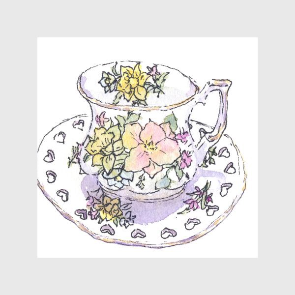 Шторы «Фарфоровая чашка с цветочным узором. Чайная кружка. Цветы, акварельный скетч»