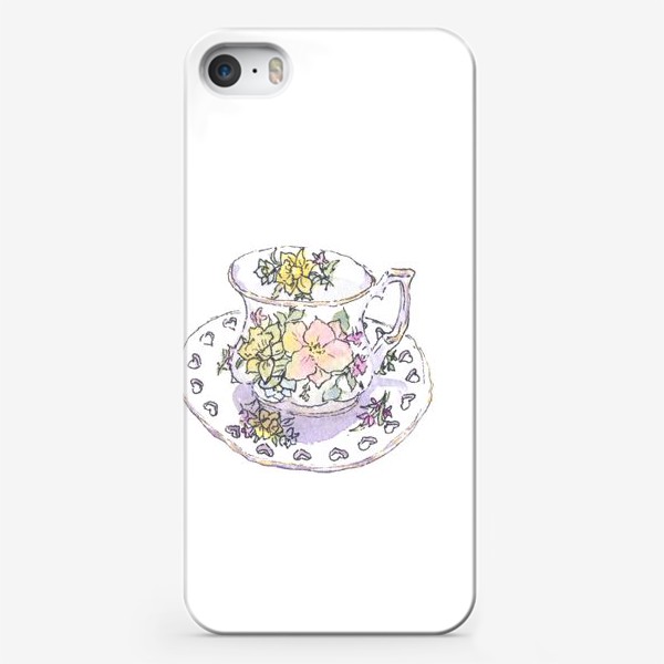 Чехол iPhone «Фарфоровая чашка с цветочным узором. Чайная кружка. Цветы, акварельный скетч»