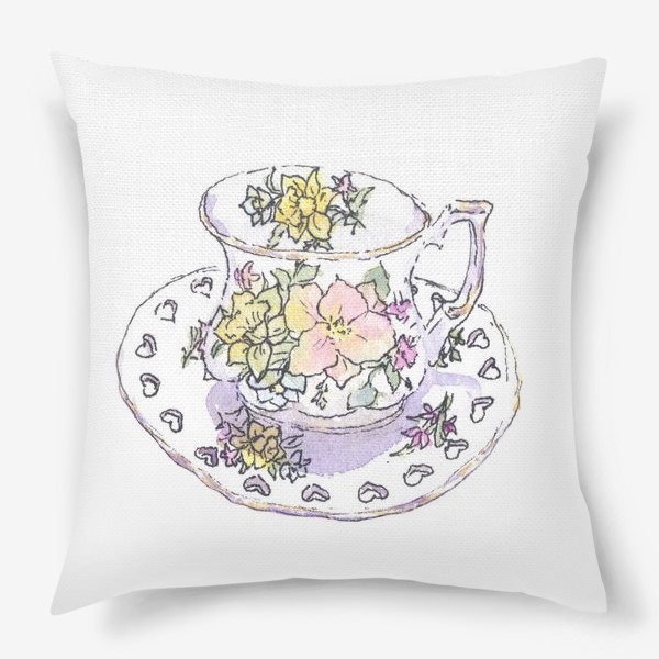 Подушка &laquo;Фарфоровая чашка с цветочным узором. Чайная кружка. Цветы, акварельный скетч&raquo;