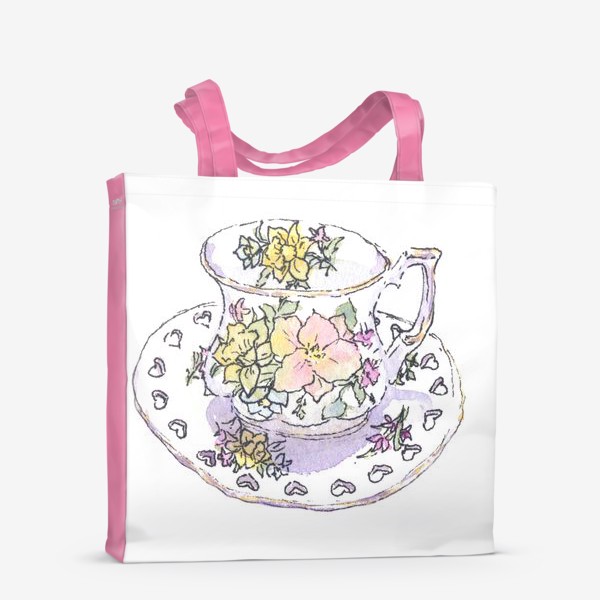 Сумка-шоппер &laquo;Фарфоровая чашка с цветочным узором. Чайная кружка. Цветы, акварельный скетч&raquo;