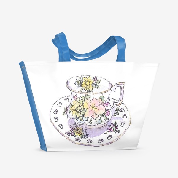 Пляжная сумка &laquo;Фарфоровая чашка с цветочным узором. Чайная кружка. Цветы, акварельный скетч&raquo;