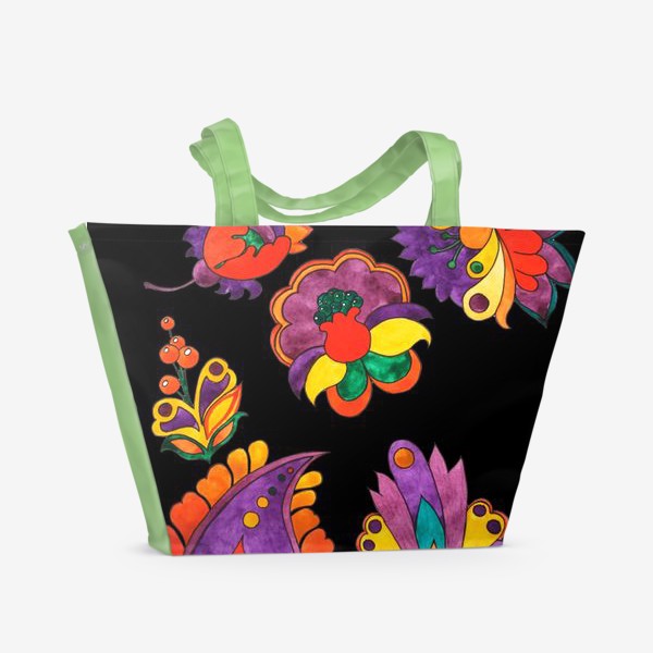 Пляжная сумка «Яркие цветы на черном»
