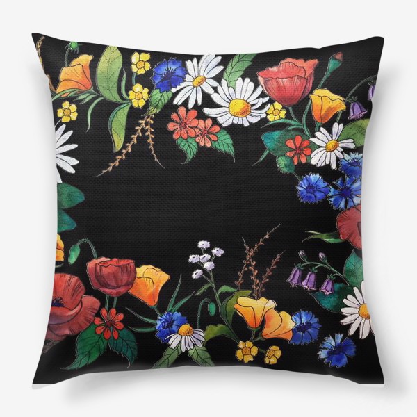 Подушка «Полевые цветы на черном фоне»