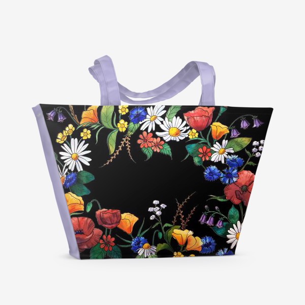 Пляжная сумка &laquo;Полевые цветы на черном фоне&raquo;