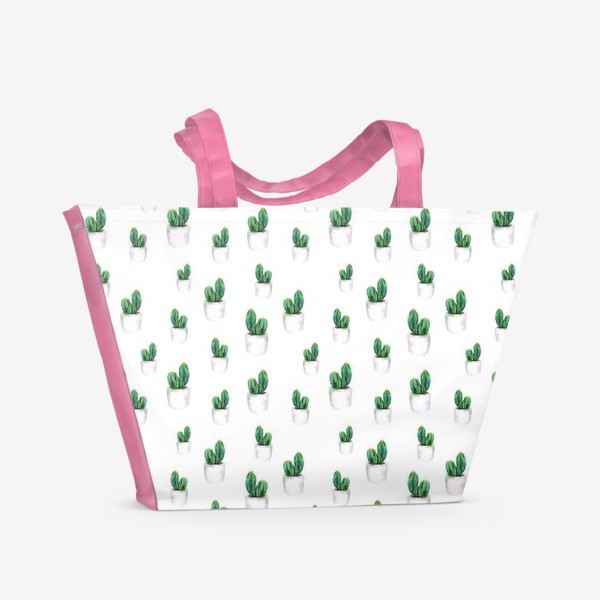 Пляжная сумка «Акварельные кактусы на белом фоне в горшочках»
