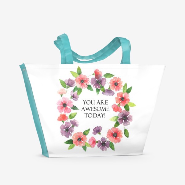 Пляжная сумка «Венок из цветов с надписью. Акварель»
