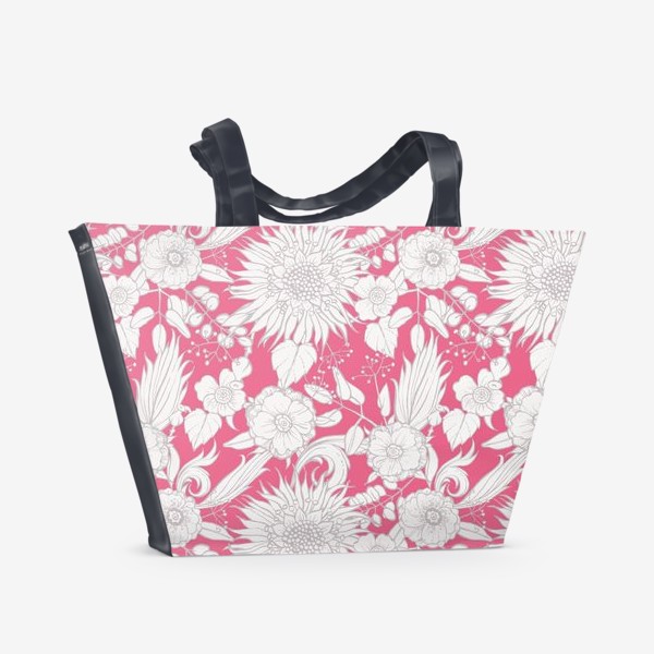 Пляжная сумка &laquo;Паттерн из луговых цветов на розовом фоне&raquo;