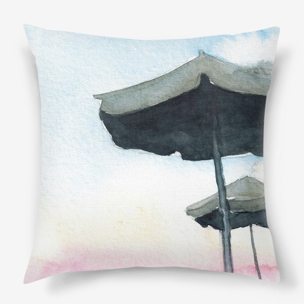 Подушка «Зонтики на фоне закатного неба, акварель»