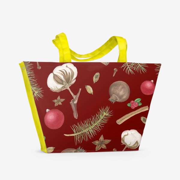 Пляжная сумка «Сухоцветы и еловые веточки на красном фоне»