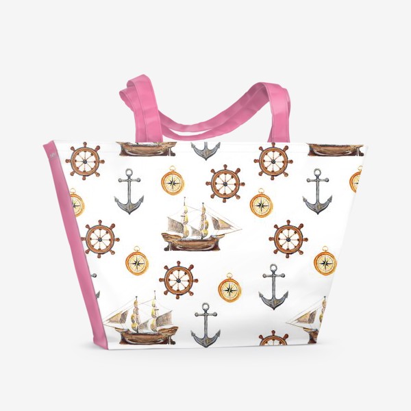 Пляжная сумка &laquo;Акварельный паттерн с кораблями, штурвалами и якорями&raquo;