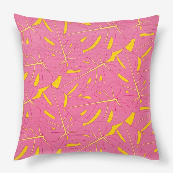 Подушка «Паттерн с банановыми листьями на желтом фоне, монстера»