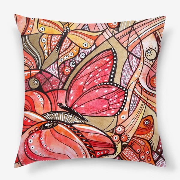 Подушка «Красные цветы и бабочки»