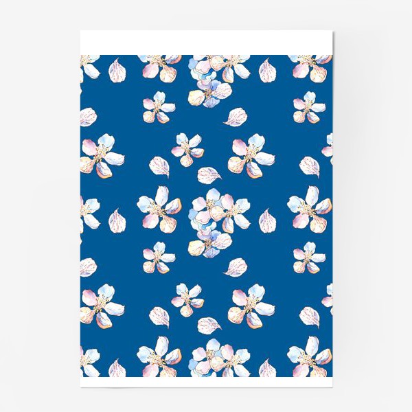 Постер «Нежный цветочный паттерн Цветы яблони на синем фоне»