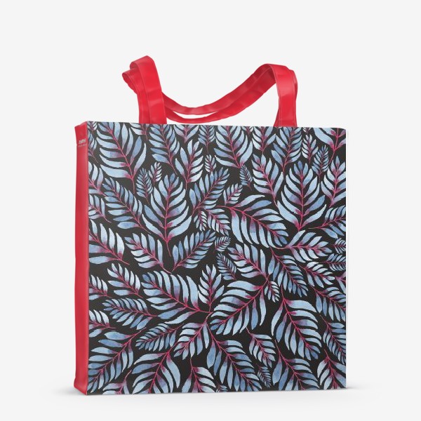 Сумка-шоппер «Голубые листья с красной серединкой на черном фоне»