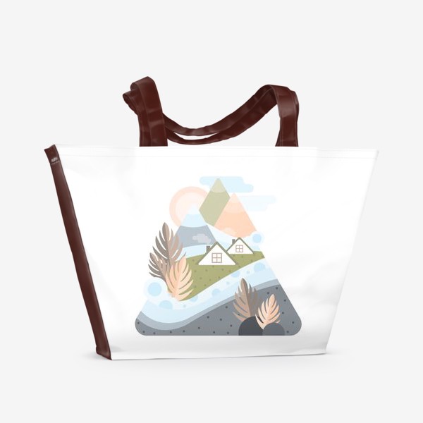 Пляжная сумка «Горный пейзаж с исландскими домиками в плоском стиле»