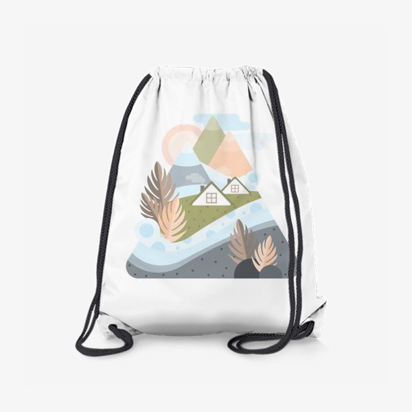Рюкзак «Горный пейзаж с исландскими домиками в плоском стиле»