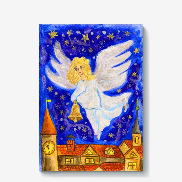 Холст «Ангел с колокольчиком, рождественская открытка»