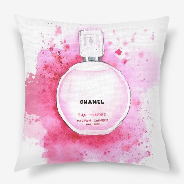 Подушка «Акварельные духи Chanel Chance (Шанель Шанс) на розовом фоне»