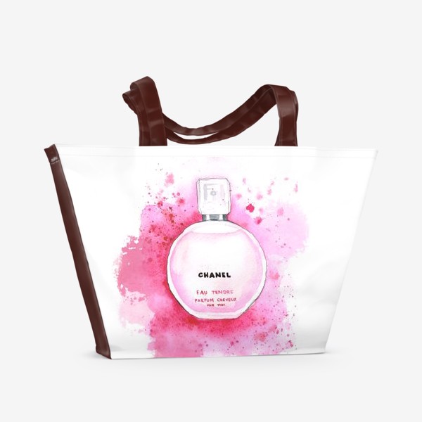 Пляжная сумка &laquo;Акварельные духи Chanel Chance (Шанель Шанс) на розовом фоне&raquo;