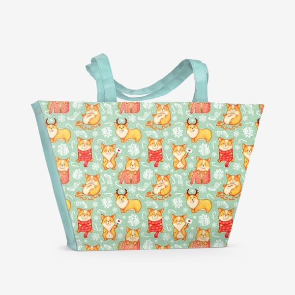 Пляжная сумка «Веселые собаки корги готовятся к новому году»