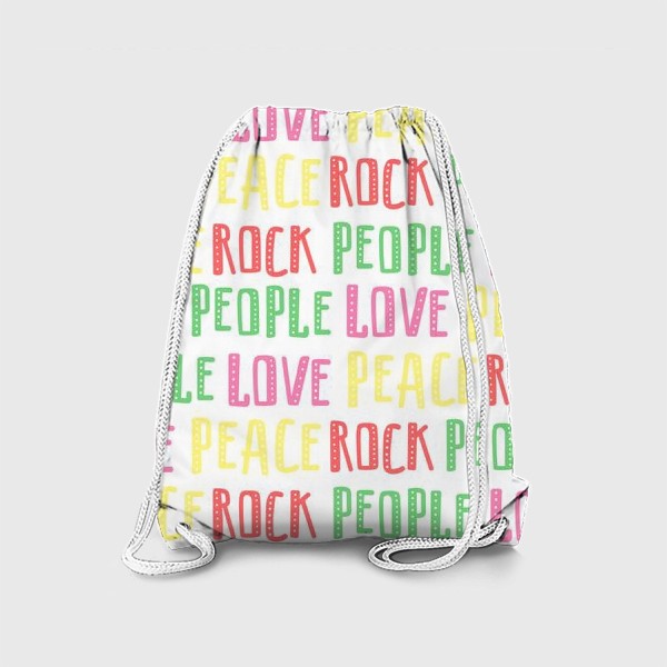 Рюкзак «Паттерн из слов рок, люди, любовь, мир. Rock, people, love, peace.»