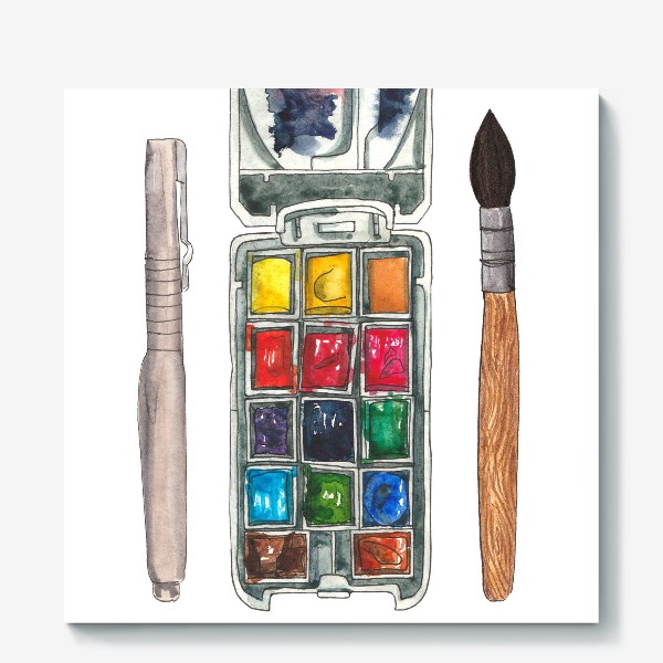 Холст «Акварельные краски, кисточка и ручка»