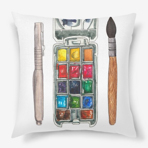 Подушка «Акварельные краски, кисточка и ручка»
