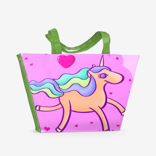 Пляжная сумка «Персиковый единорог в розовом облаке с сердечками»