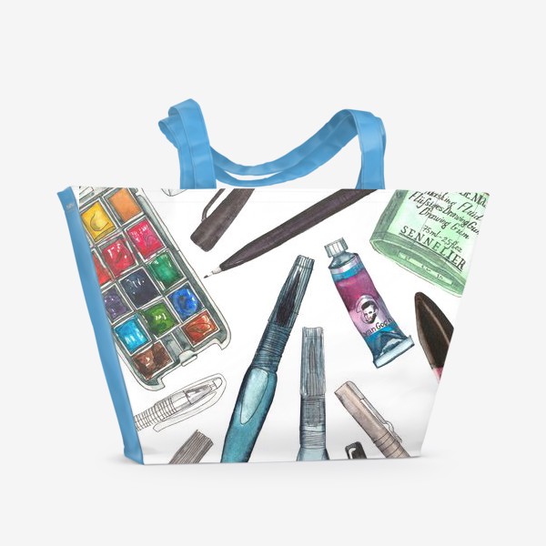Пляжная сумка «Акварель, краски, кисти и карандаши»