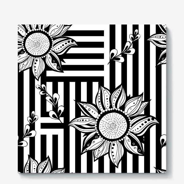 Холст «Бесшовный паттерн черно-белый с цветком на линия в стиле дудлик»