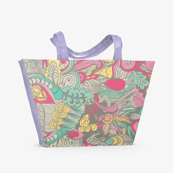 Пляжная сумка &laquo;Бесшовный паттерн с абстрактными цветами в нежных женственных тонах на сером фоне&raquo;