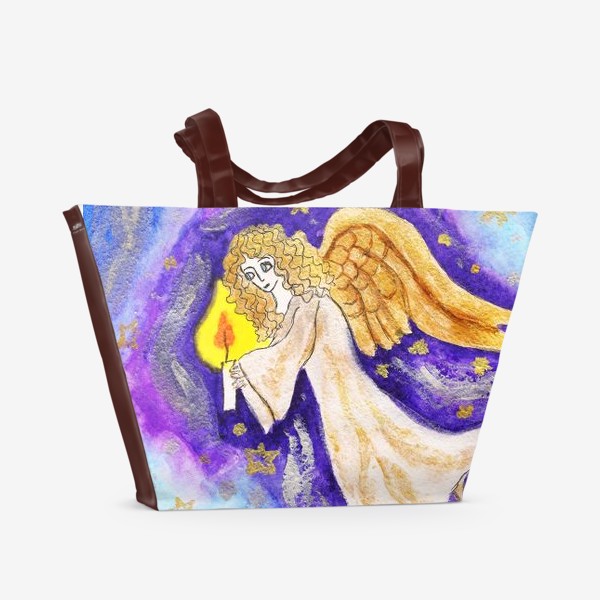 Пляжная сумка «Ангел со свечой, рождественская открытка»