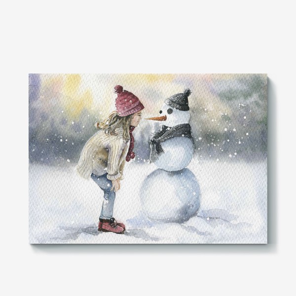 Холст «Девочка и снеговик»