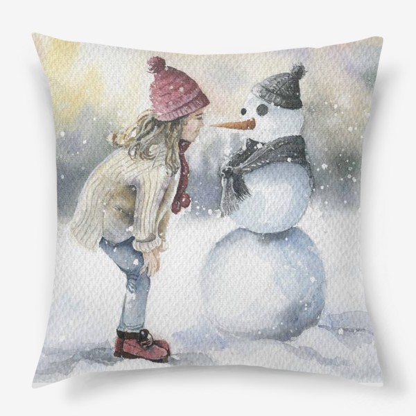 Подушка «Девочка и снеговик»