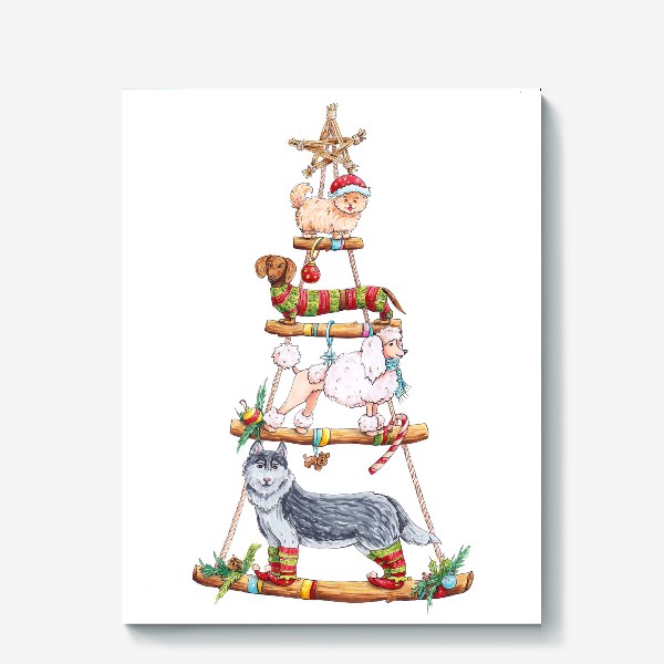 Холст «Christmas tree. Новогодняя елка - собаки.»